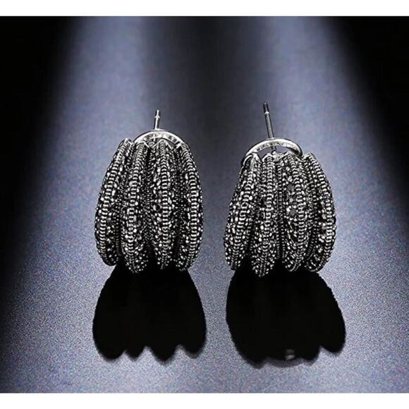 Sparkling Silver Wide Marcasite Gemstone Wave "J" Hoop Leverback Earrings - Picture 3 of 6